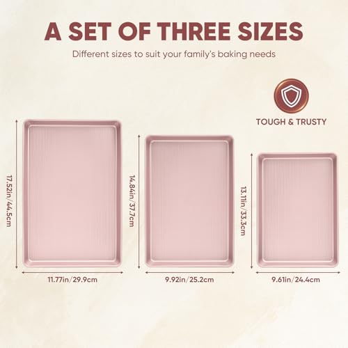 Sakerplus Nonstick Baking Sheet Set of 3, Heavy Duty Cookie Sheets for Oven - color: Pink