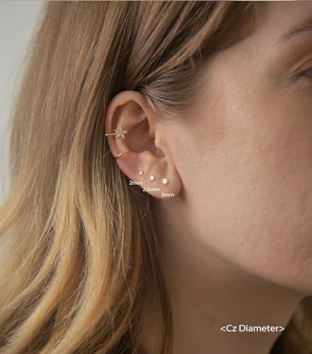 20G/18G/16G Titanium Flat Back Earrings, Threadless Nose Stud Tiny Stud Earrings, Cartilage Tragus Piercing Jewelry Conch Helix Stud - color: CZ (gold 8pcs), size: 18ga(1.0mm)