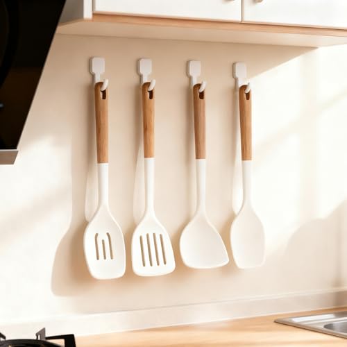 Silicone Kitchen Utensils Set of 4, Large Non-Stick Cooking Utensil Set w Wooden Handle Food Grade Heat Resistance Turner Spoon Silicone Cooking Kitchen Gadgets BPA Free for Nonstick Cookware - color: White, size: Large 4-Piece Set