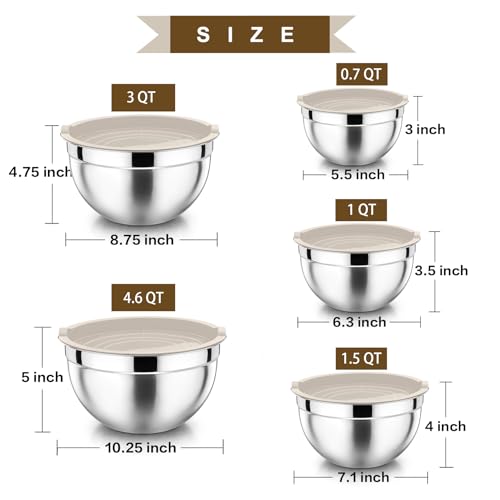 P&P CHEF Metal Mixing Bowls with Lids Set, Airtight Lids & Khaki - color: Khaki, style: Airtight Lids
