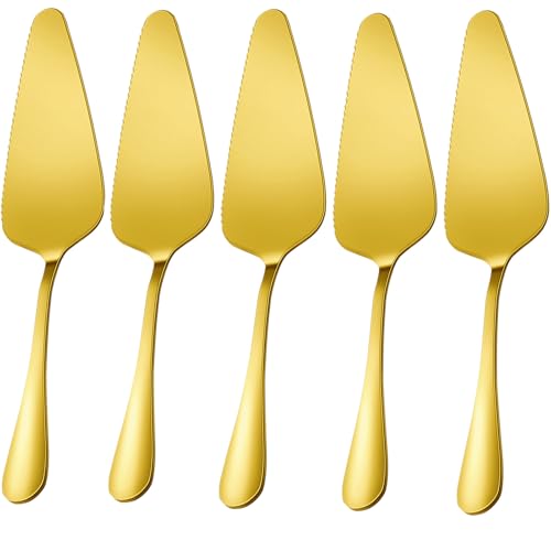 Cake Pie Server, 5 Pack Stainless Steel Pie Pizza Pastry Cake Slicer Server Set, Cake Cutter with Serrated Edges, Pie Cutters for Kitchen, Restaurants, Wedding, Birthdays and Parties(Gold) - style: B-Gold 5 Sets
