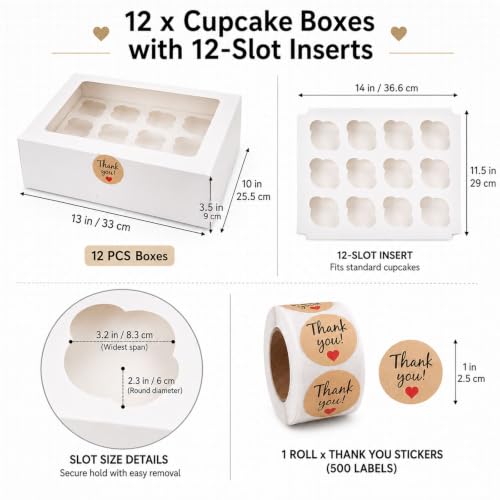12PCS Cupcake Boxes with Window & Insert 500PCS Thank You Sticker