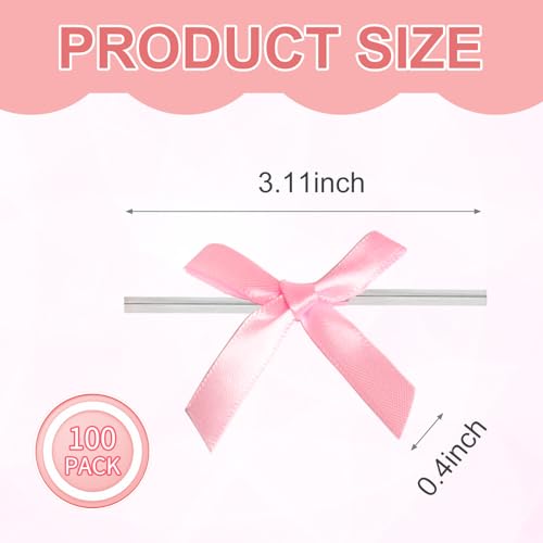 200 Pack Pink Bows Mini Satin Ribbon Twist Tie Bows for DIY Gift Wrap Decoration, Package Decorating Ribbon Bow, Bowknot for Treat Bags, Gift Bags - size: 100 Count (Pack of 2)