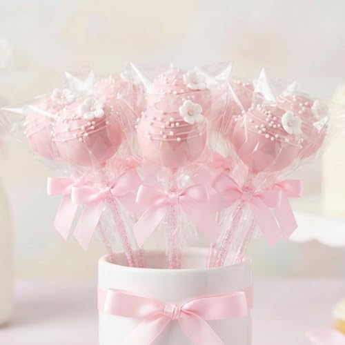 LemonRoad 320 Pcs Cake Pop Sticks and Wrappers Kit Treat Bags with Sticks Glitter Bows and Twist Ties for Mothers Day Lollipops Candies Chocolates Cookies Wedding Baby Shower Party Favor(Pink) - color: Pink