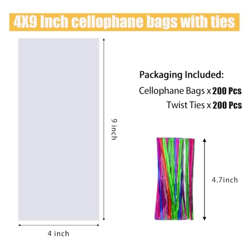 Nobranded 200 pcs Clear 4" x 9" Flat Cello Cellophane Bags Poly Treat Bags 2.8 mils for Gift Wrapping, Bakery, Cookie, Candies, Toast, Dessert, Party Favors Packaging with Color Twist Ties - size: 4x9 Inch (Pack of 200)