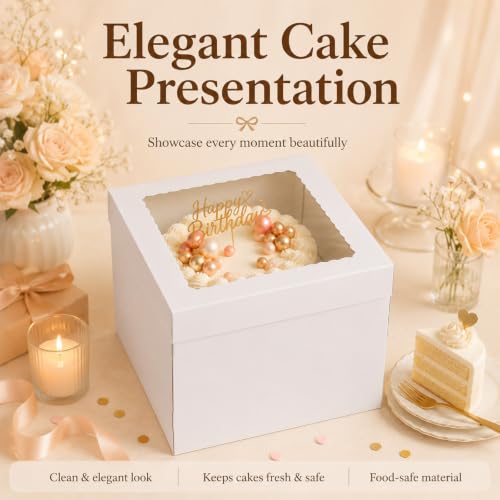 JCD 12x12x12 Corrugated Tall Cake Boxes for 10in Multi Layer Cakes with Clear Window - size: 12*12*12inch/4pcs