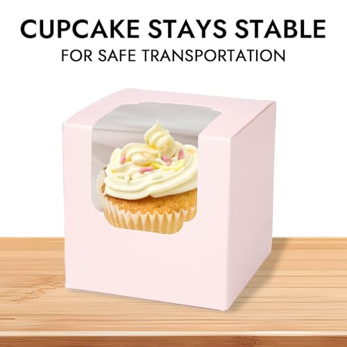 JCD 70 packs Pink Cupcake Boxes Individual Cupcake Container 3.5" x 3.5" x 3.5" Auto-Pop up Single cake Box for Bakery Gift Giving(70 Boxes+70 Inserts) (Pink/70Pcs) - color: Pink/70Pcs