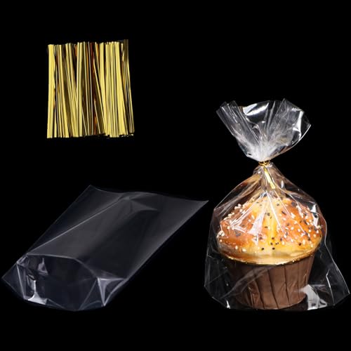 200 PCS 5x6.5 Cellophane Muffin Bags with Gold Twist Ties & Flat Bottom – Food-Safe Bakery Packaging for Cupcakes, Brownies, Cookies Macarons – Commercial-Grade for Party Favors, Catering Displays - color: Clear 5x6.5 Inch-200