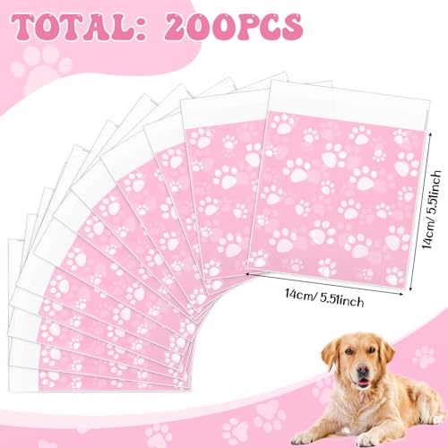 Pasimy 200 Pcs Dog Paw Treat Bags, Clear Self Adhesive Pink - color: Pink