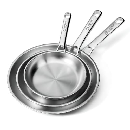 COOKER KING Tri-Ply Clad Stainless Steel Pans Set, 8, 10 & 12 Inch Skillets - size: 8+10+12 Inch