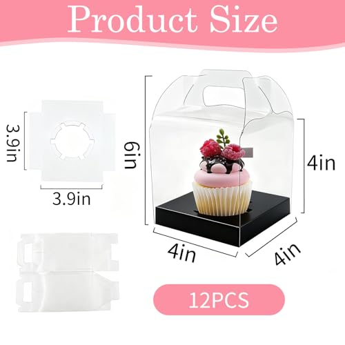 24 Count Individual Cupcake Containers, 4inch Cupcake Boxes Individual, Clear Cupcake Carrier (24, Black) - color: Black