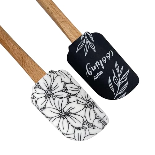 Silicone Spatula Set – 2-Piece Wooden Handle Spatulas for Baking, Cooking & Mixing – Non-Stick Kitchen Utensil Set(blackwhite） - color: BLACK WHITE