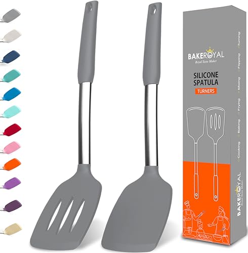 BakeRoyal Silicone Spatula Set - Turner Spatulas Silicone Heat Resistant 600°F - Slotted & Solid Spatula for Cooking Fish, Eggs, Pancakes Flipper – Spatulas for kitchen use – Gray - color: Gray