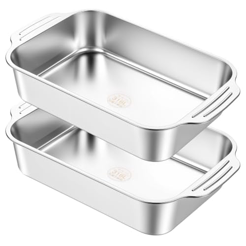 2 Pack 9 x 13 Inch Baking Pan with Handle Stainless Steel 3 Inch Deep Rectangular Cake Pan for Casseroles, Brownies & Roasting, Rectangle Baking Bakeware for Bakings Roasting Toaster Oven