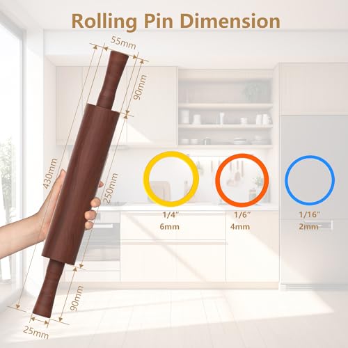 Wooden Rolling Pin,17''Sapele Dough Roller with 3 Thickness Rings,Brown - color: Brown