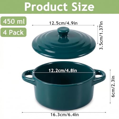 4 Pack Mini Cocotte Set, 16 oz Small Durable Soup Pot, Dark Green