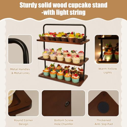 Mehani 3-Tier Wooden Cupcake Stand with LED Light Dessert Tower Holder Wood