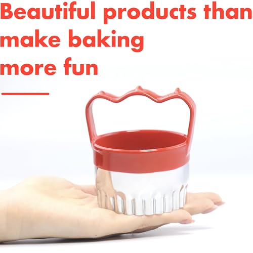 2 Pcs Fluted Round Cookie Cutters with Handle 2.5" 3.5", Scalloped Biscuit Cookie Cutter Set with Comfortable Red Silicone Handles, Durable Stainless Steel, 2-Inch Deep Cutters