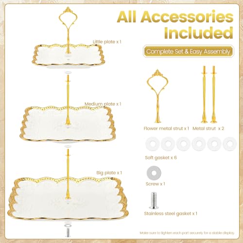 Kochorie 3 Tier Square Ceramic Cupcake Stand Gold Rim White Serving Tray - style: Square