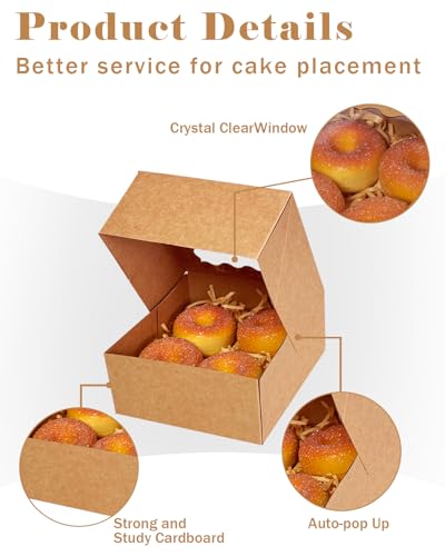 qiqee Auto-pop up 6x6x3 Inch Brown Cookie Box with Window 30Pcs Pastry Macaron Bakery Box for Packaging - color: 6x6x3, 30Pcs,Brown