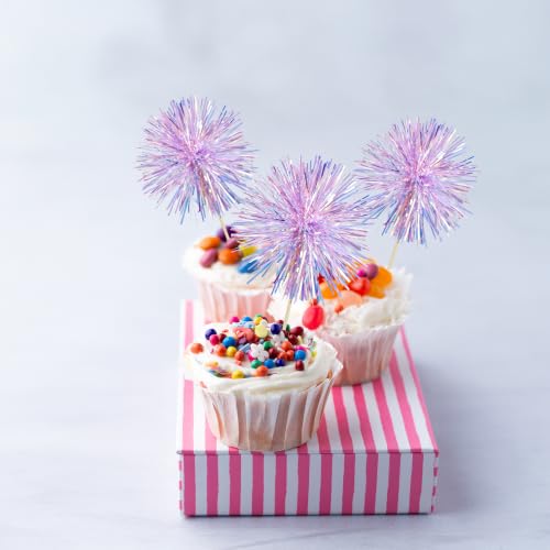 Ephlyn 30Pcs Foil Firework Cupcake Toppers Party Birthday Cake Toppers Supplies Sparkle Tinsel Cocktail Fruit Toothpick for Birthday Wedding Graduation Party Purple - color: Purple, style: Style 2