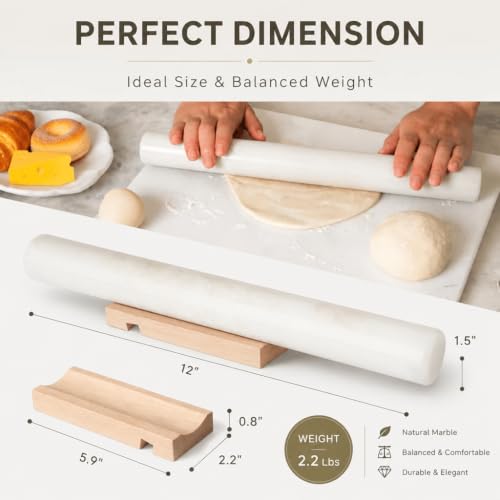 Natural Marble Rolling Pin for Baking, 12inch French Heavy Dough Roller - color: 12"x1.5"-White