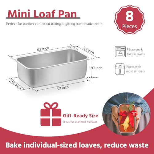 E-far Mini Loaf Pan Set of 8, Small Stainless Steel Bread Baking Pans for Oven, 6.3 x 3.5 Inch Tiny Meatloaf Pans for Homemade Bread Pound Cake Brownies, Non-toxic & Dishwasher Safe - size: Set of 8