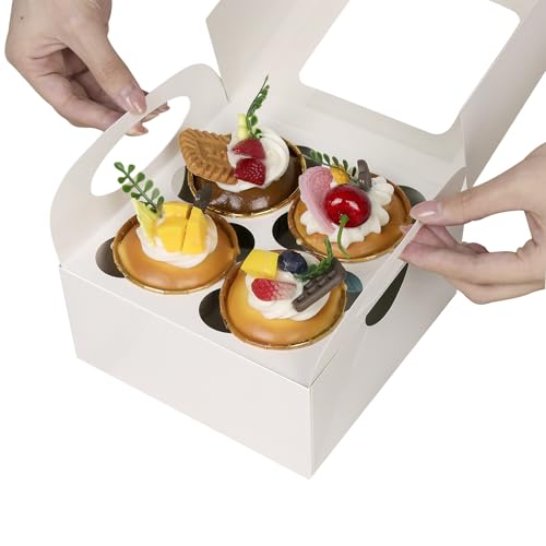 25 White Cupcake Boxes, 4 Count Cupcake Containers with Window and Inserts, 6.3×6.3×3 Inches Cupcake Holders for Cupcakes, Muffins, Cookies, Desserts, Pastries