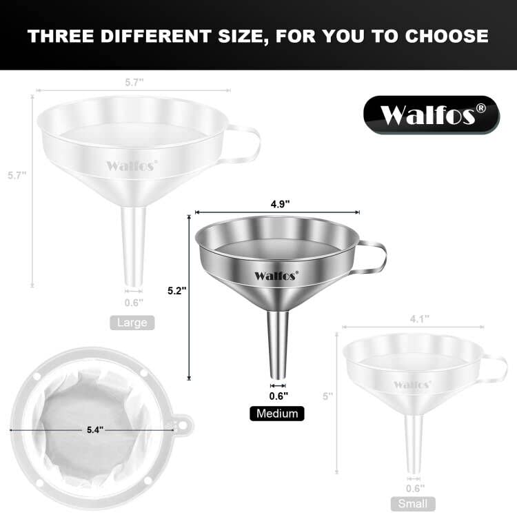 Stainless Steel Funnel, Walfos Kitchen Funnel with 2 Removable Strainer ＆ 1Pc Cleaning Brush, Perfect for Transferring of Liquid, Oils, Jam, Dry Ingredients & Powder (Big, 4.9") - color: 1pcs 4.9in Stainless Steel