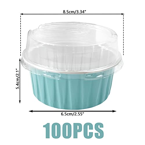 100Pcs Aluminum Cups with Lids,5oz Disposable Ramekin Baking Cups Muffin Liners Mini Pie Pans Foil Cupcake Containers for Christmas Party Wedding,Blue - color: Light Blue