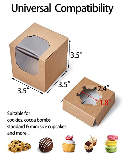 Happyhiram 100 Pack Brown Kraft Single Cupcake Boxes with Inserts & Window - color: Kraft Brown, size: 100-Count