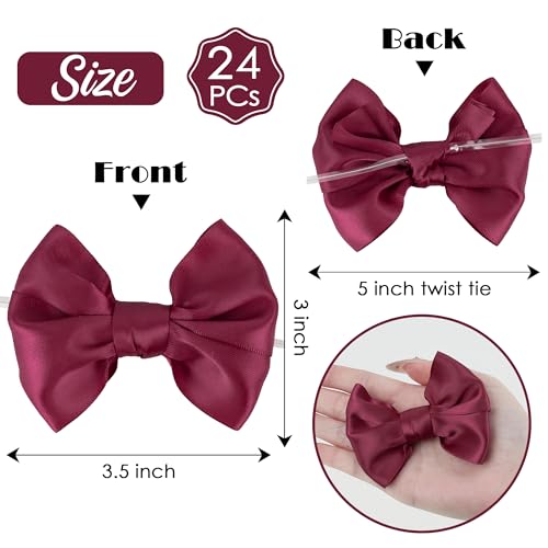 AIMUDI Burgundy Satin Ribbon Twist Tie Bows for Treat Bags 3.5" Maroon Bows for Crafts Small Bows for Gift Wrapping Premade Bows for Cake Pop Candy Apples Gift Bags Wedding Baby Shower -24 Counts - color: Burgundy
