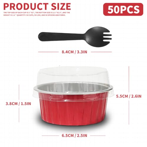 Valentine's Day 50Pcs Mini Aluminum Foil Cupcake,5oz Baking Cups with Lid - color: Red