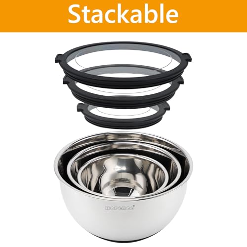 Rorence Stainless Steel Mixing Bowls with Lids Set of 3, 1.5/3/5QT