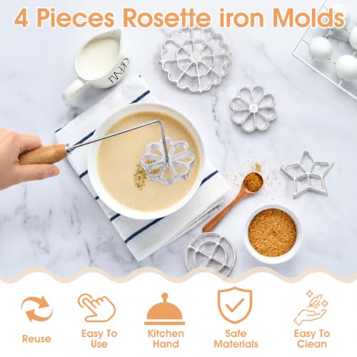 6 Pack Bunuelos Molds with Handles, Rosette Timbale Iron Set with 2 Interchangeable Heads, Aluminum Alloy Waffle Molds for Kitchen Baking, Lotus Star Cooking Stamp Houseware Tool