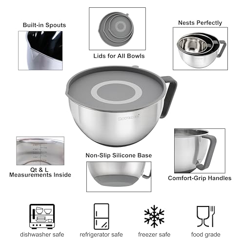 Rorence Stainless Steel Mixing Bowls Set with Lids,1.5,3 & 5 Qt,Gray - color: Gray