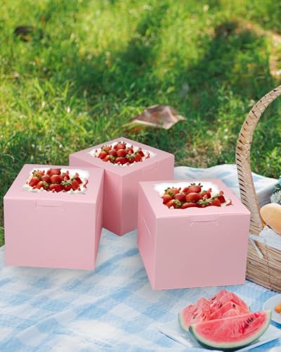Bakepacker 8"x8"x5" Matte Pink Cake Boxes with Window 18 Sets - color: Pink, size: 18Sets,8"x8"x5"