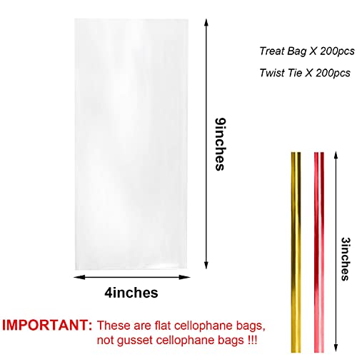 Morepack Cellophane Treat Bags 4x9 In 200 PCS Cookie Bags with Twist Ties - size: 4x9 Inch (Pack of 200)