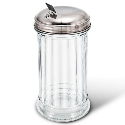 Stock Your Home Glass Sugar Dispenser- Fluted Sugar Pourer with Stainless Steel Self Closing Lid - Crystal Clear Sugar Shaker for Diners, Cafes, Bakeries, Coffee Shops, Restaurants, Kitchens