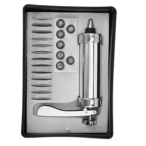 Fdit Cookie Press Kit, Manual Adjustable Biscuit Maker and Pastry Decorating Tool for Home Baking Aluminum Alloy 15 x 25 cm 21 Piece Set with 13 Cookie Discs and 7 Nozzles
