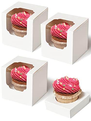 Happyhiram 100 Pack Individual Cupcake Boxes with Inserts & Window, White - color: Pure White, size: 100-Count