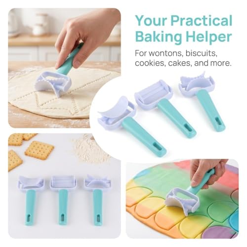 Roller Set – For Wonton Biscuits Cookie & Dumpling Making, Food-Safe Plastic Baking Tool with Square, Circle & Crimped Edge Designs 6.3x2.95 in
