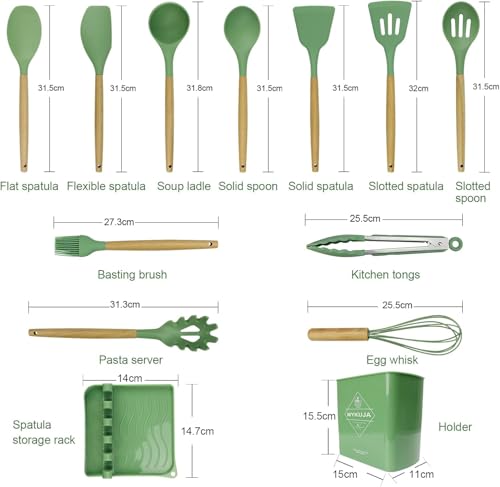 MYKUJA Silicone Cooking Utensils Set, Heat Resistant Kitchen Utensils Set, Spatula,Turner Tongs,Spoon,Brush,Whisk, Cooking Kitchen Utensils Spatula Set, Nonstick Cookware（sage green）