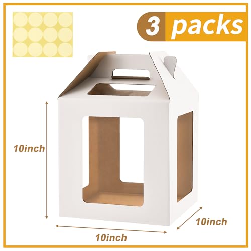 Tall Cake Box with Windows, 10x10x10 inches, Handle, Transport Container for Tiered Cakes, White, 3 Pack - color: white-10x10x10-3P