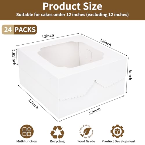 Moretoes 24pcs 12 Inch Cake Boxes, Bakery Containers with Window (12x12x6) - size: 24pcs-12*12*6in