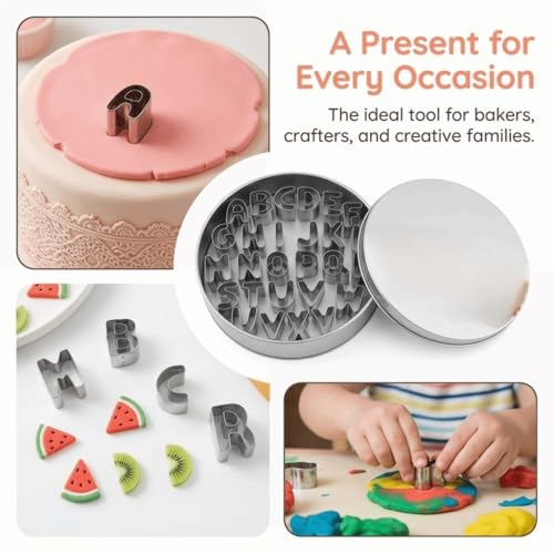 26-Piece Alphabet Cookie Cutters,Stainless Steel Letter Biscuits Cutter Set with Round Storage Box for Fondant Dough Baking