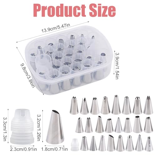 25pcs Piping Tips, Include 2pcs Adapters & Piping Tip Organizers Box Reusable Cake Decorating Kit 27 Grids Baking Organizer Compartment for Cream Cupcake Cookie DIY