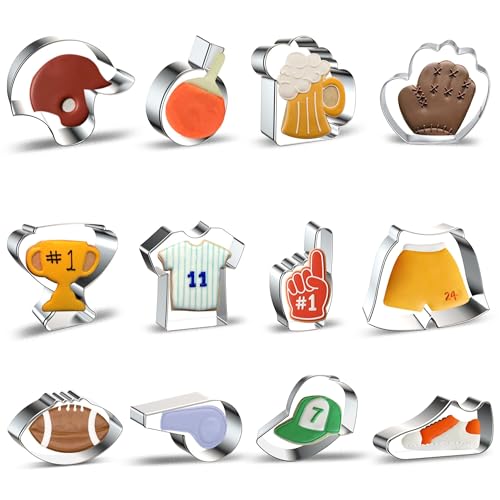 12PCS Football cookie cutter set Set, Fondant Biscuits Molds for Football, Jersey, Shorts, Shoe, Whistle, Helmet, Beer Mug, Glove, Trophy Cup, Cap, Table Tennis Racket, Foam Finger - Stainless Steel - color: Sports
