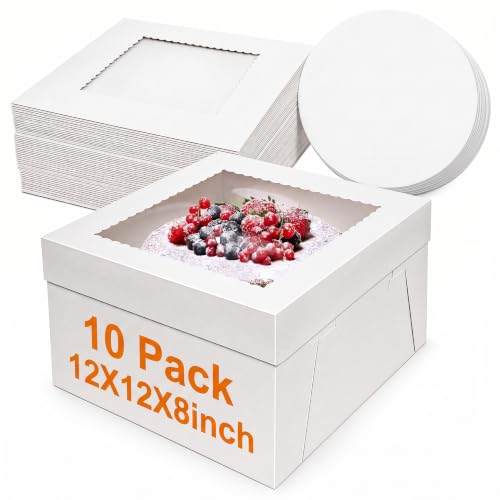 Cididu 10 Pack Cake Boxes 12 Inch, 12x12x8 Inch Tall Cake Box with Window