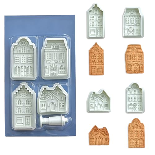 Tiny Gingerbread House Cookie Cutters, Real Estate Cookie Cutters with Split Spring Pusher, House Biscuit Mold for DIY Chirstmas Day Holiday Party Decorations - Set of 4 - color: House Cookie Cutter